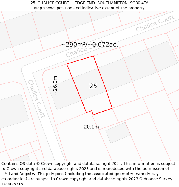 25, CHALICE COURT, HEDGE END, SOUTHAMPTON, SO30 4TA: Plot and title map