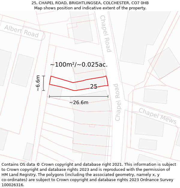 25, CHAPEL ROAD, BRIGHTLINGSEA, COLCHESTER, CO7 0HB: Plot and title map