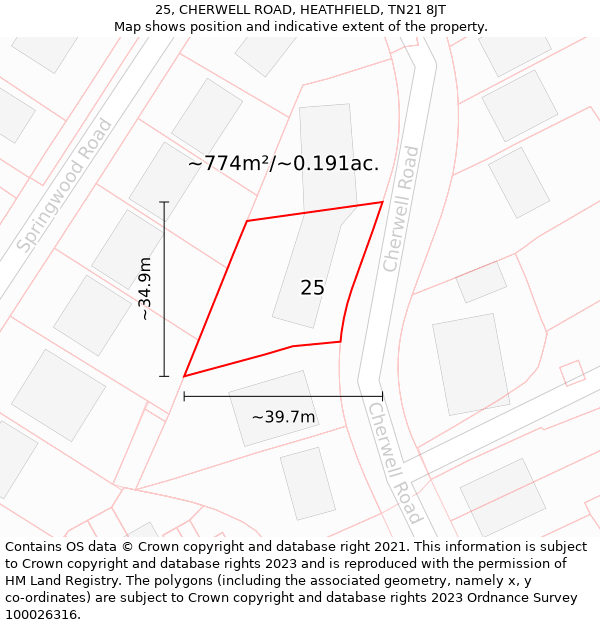 25, CHERWELL ROAD, HEATHFIELD, TN21 8JT: Plot and title map