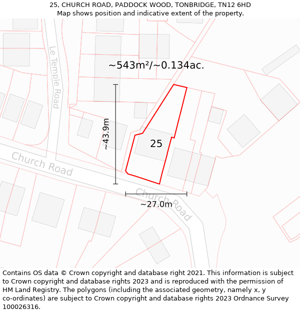 25, CHURCH ROAD, PADDOCK WOOD, TONBRIDGE, TN12 6HD: Plot and title map