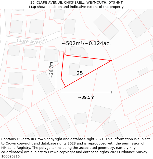 25, CLARE AVENUE, CHICKERELL, WEYMOUTH, DT3 4NT: Plot and title map