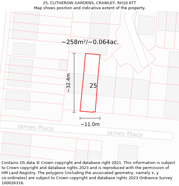 25, CLITHEROW GARDENS, CRAWLEY, RH10 6TT: Plot and title map