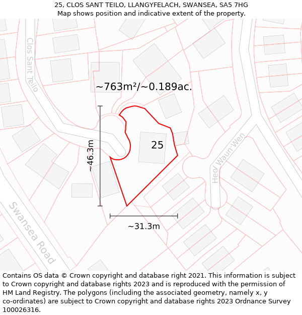 25, CLOS SANT TEILO, LLANGYFELACH, SWANSEA, SA5 7HG: Plot and title map