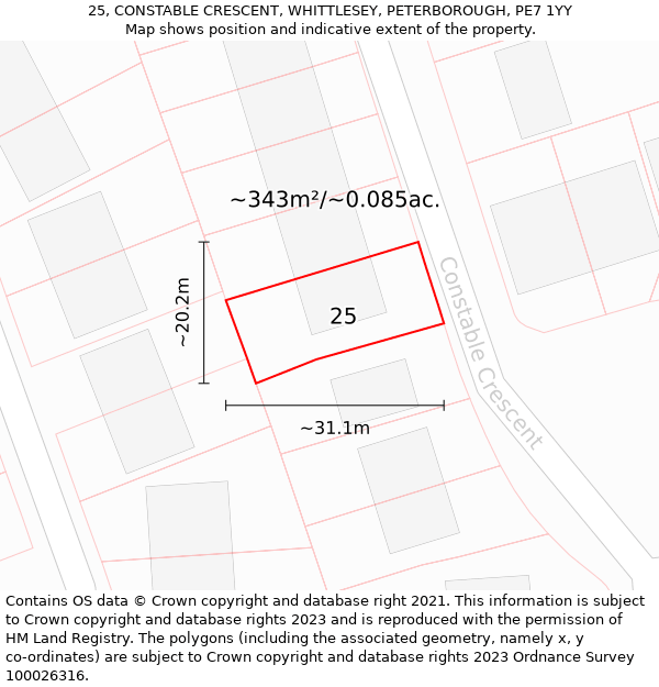 25, CONSTABLE CRESCENT, WHITTLESEY, PETERBOROUGH, PE7 1YY: Plot and title map