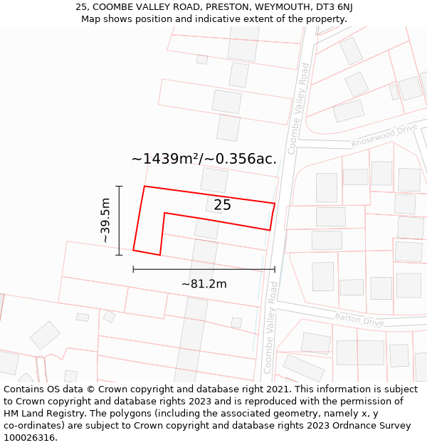 25, COOMBE VALLEY ROAD, PRESTON, WEYMOUTH, DT3 6NJ: Plot and title map