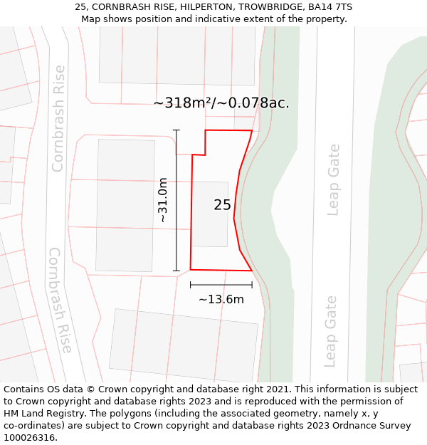 25, CORNBRASH RISE, HILPERTON, TROWBRIDGE, BA14 7TS: Plot and title map