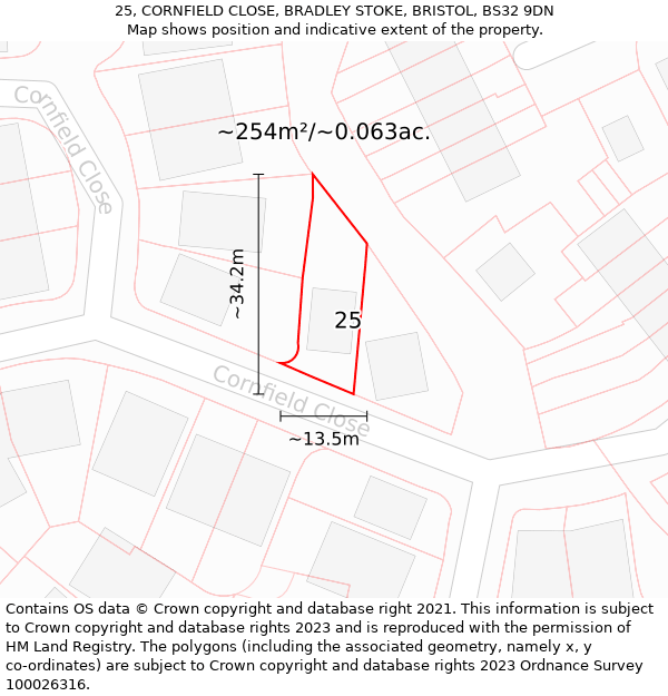 25, CORNFIELD CLOSE, BRADLEY STOKE, BRISTOL, BS32 9DN: Plot and title map