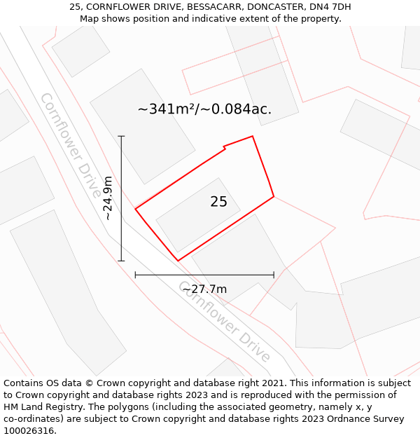 25, CORNFLOWER DRIVE, BESSACARR, DONCASTER, DN4 7DH: Plot and title map