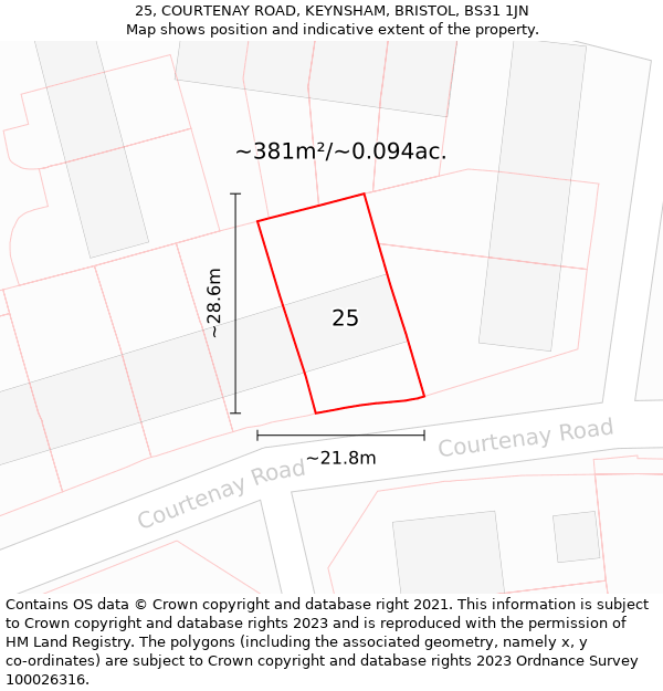 25, COURTENAY ROAD, KEYNSHAM, BRISTOL, BS31 1JN: Plot and title map