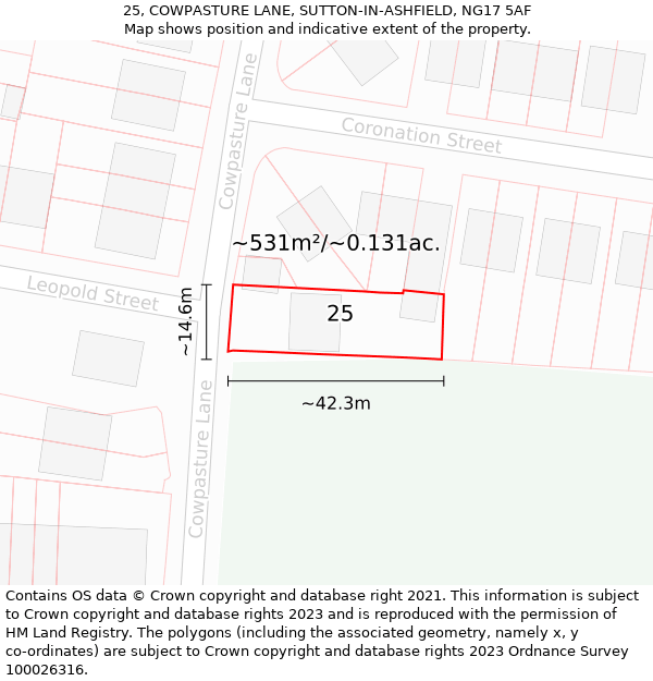 25, COWPASTURE LANE, SUTTON-IN-ASHFIELD, NG17 5AF: Plot and title map