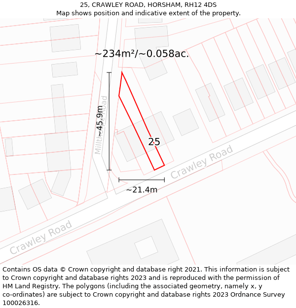 25, CRAWLEY ROAD, HORSHAM, RH12 4DS: Plot and title map