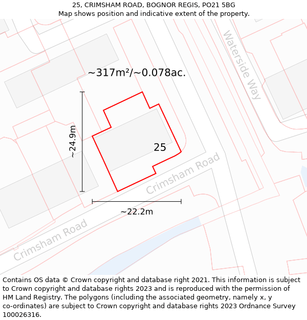 25, CRIMSHAM ROAD, BOGNOR REGIS, PO21 5BG: Plot and title map