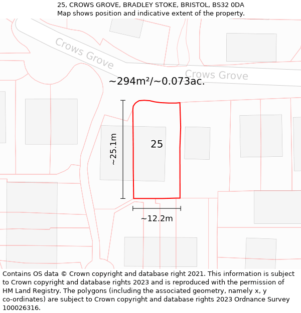 25, CROWS GROVE, BRADLEY STOKE, BRISTOL, BS32 0DA: Plot and title map