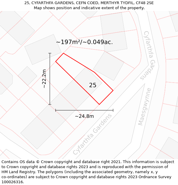 25, CYFARTHFA GARDENS, CEFN COED, MERTHYR TYDFIL, CF48 2SE: Plot and title map