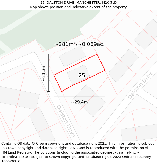 25, DALSTON DRIVE, MANCHESTER, M20 5LD: Plot and title map