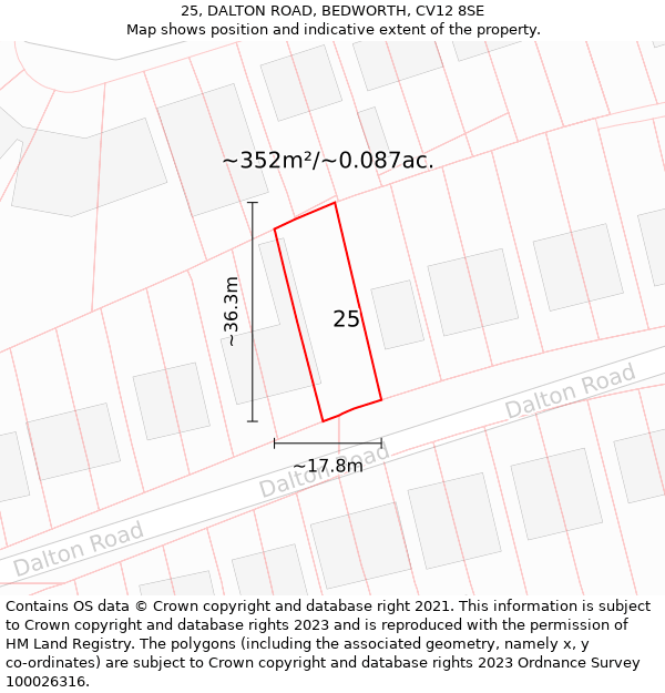 25, DALTON ROAD, BEDWORTH, CV12 8SE: Plot and title map