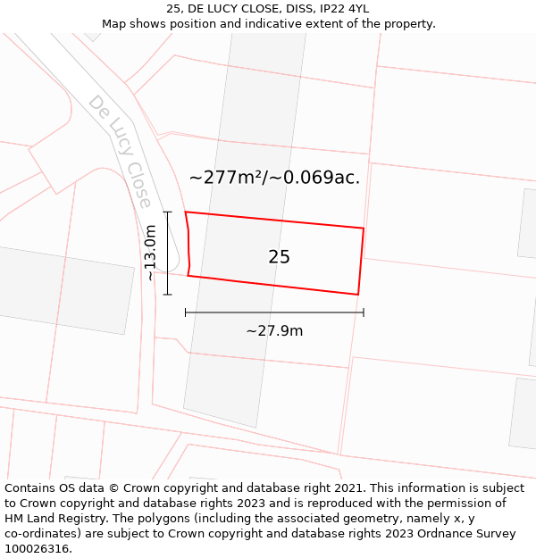 25, DE LUCY CLOSE, DISS, IP22 4YL: Plot and title map