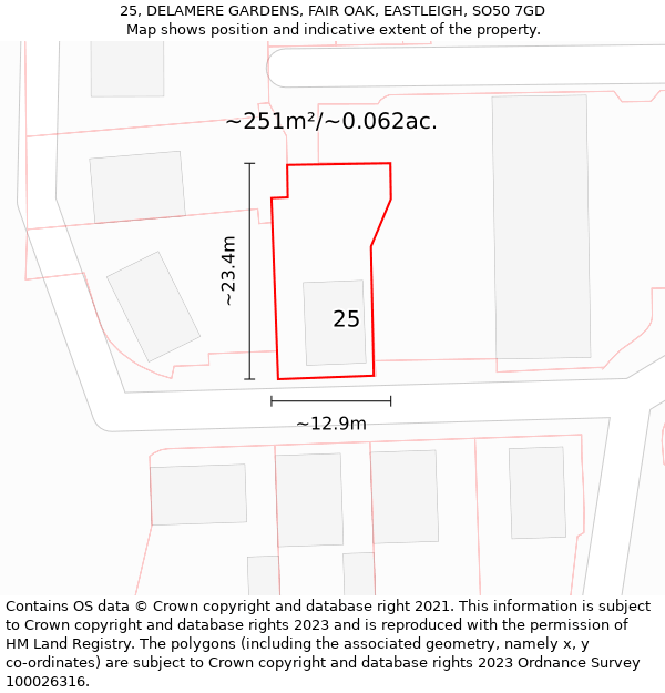 25, DELAMERE GARDENS, FAIR OAK, EASTLEIGH, SO50 7GD: Plot and title map