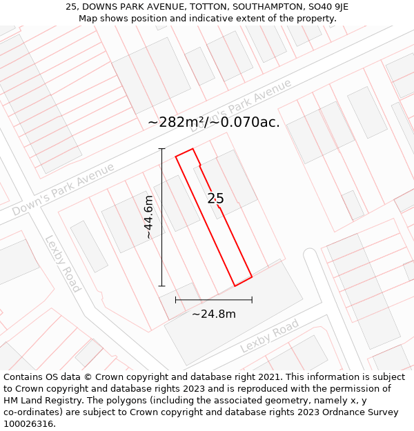 25, DOWNS PARK AVENUE, TOTTON, SOUTHAMPTON, SO40 9JE: Plot and title map