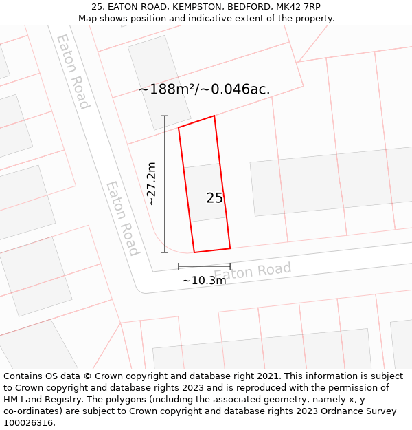 25, EATON ROAD, KEMPSTON, BEDFORD, MK42 7RP: Plot and title map