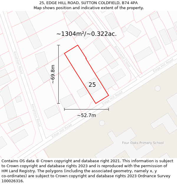 25, EDGE HILL ROAD, SUTTON COLDFIELD, B74 4PA: Plot and title map