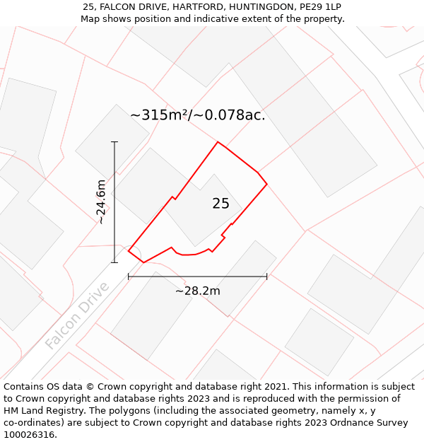 25, FALCON DRIVE, HARTFORD, HUNTINGDON, PE29 1LP: Plot and title map