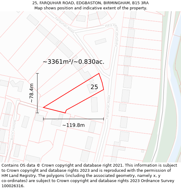 25, FARQUHAR ROAD, EDGBASTON, BIRMINGHAM, B15 3RA: Plot and title map