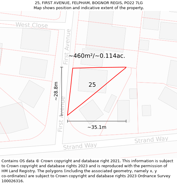 25, FIRST AVENUE, FELPHAM, BOGNOR REGIS, PO22 7LG: Plot and title map