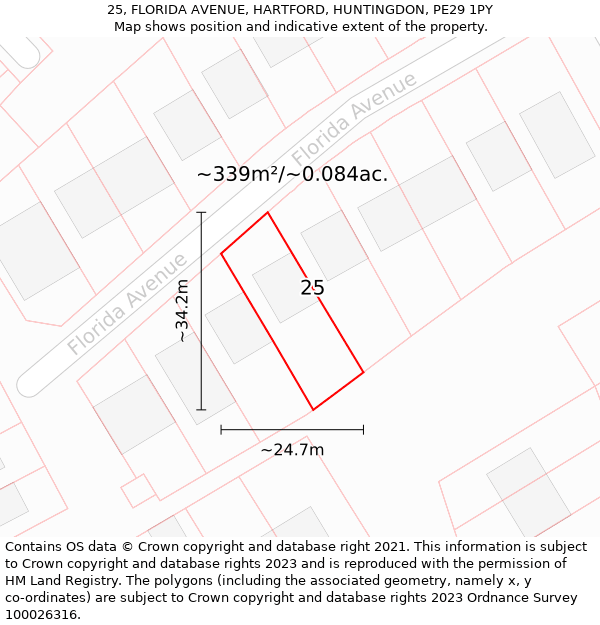 25, FLORIDA AVENUE, HARTFORD, HUNTINGDON, PE29 1PY: Plot and title map