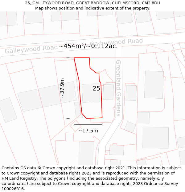 25, GALLEYWOOD ROAD, GREAT BADDOW, CHELMSFORD, CM2 8DH: Plot and title map