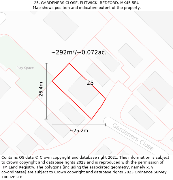 25, GARDENERS CLOSE, FLITWICK, BEDFORD, MK45 5BU: Plot and title map