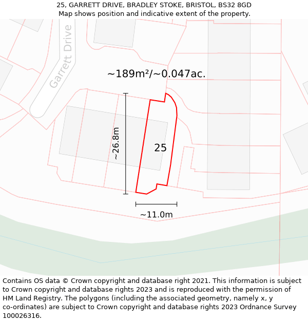 25, GARRETT DRIVE, BRADLEY STOKE, BRISTOL, BS32 8GD: Plot and title map