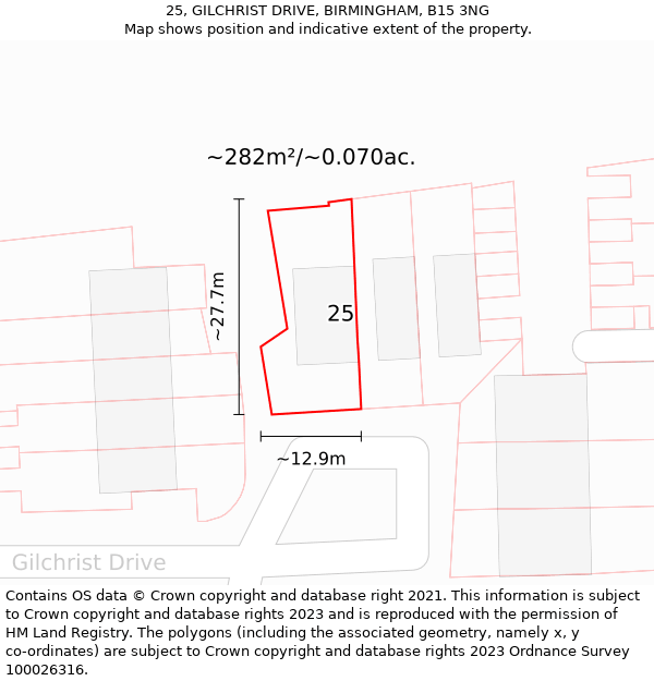 25, GILCHRIST DRIVE, BIRMINGHAM, B15 3NG: Plot and title map