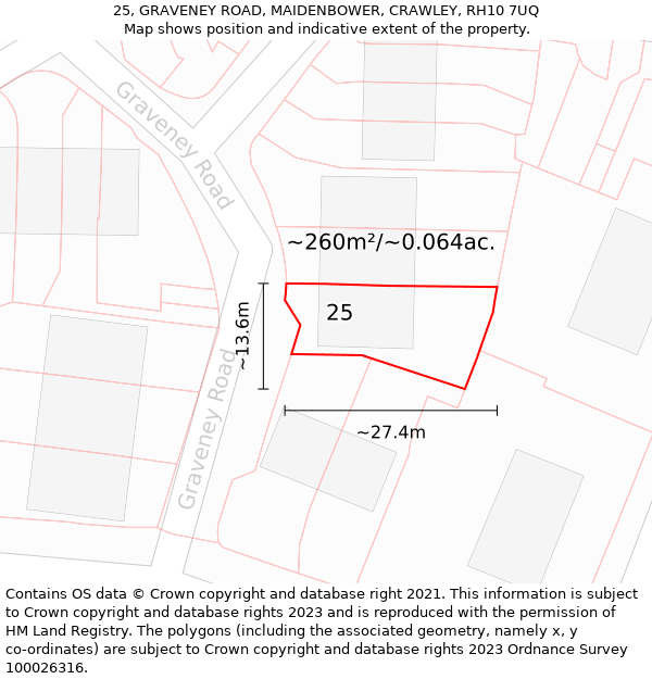 25, GRAVENEY ROAD, MAIDENBOWER, CRAWLEY, RH10 7UQ: Plot and title map