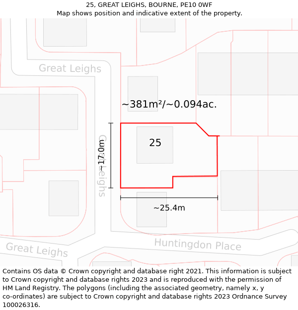 25, GREAT LEIGHS, BOURNE, PE10 0WF: Plot and title map