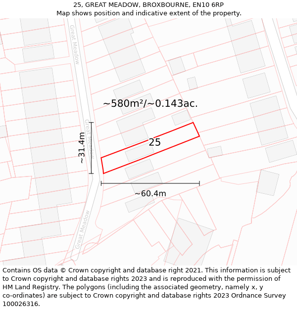 25, GREAT MEADOW, BROXBOURNE, EN10 6RP: Plot and title map