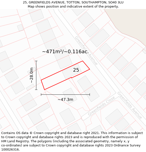 25, GREENFIELDS AVENUE, TOTTON, SOUTHAMPTON, SO40 3LU: Plot and title map