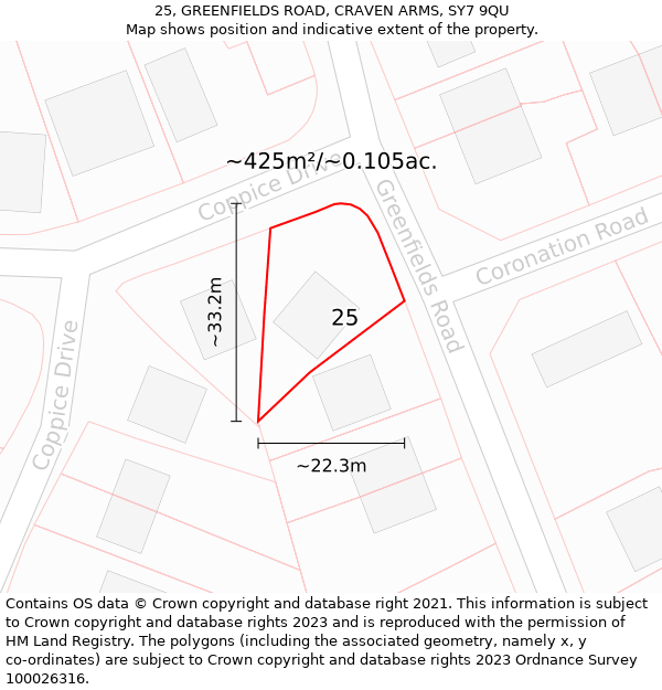 25, GREENFIELDS ROAD, CRAVEN ARMS, SY7 9QU: Plot and title map