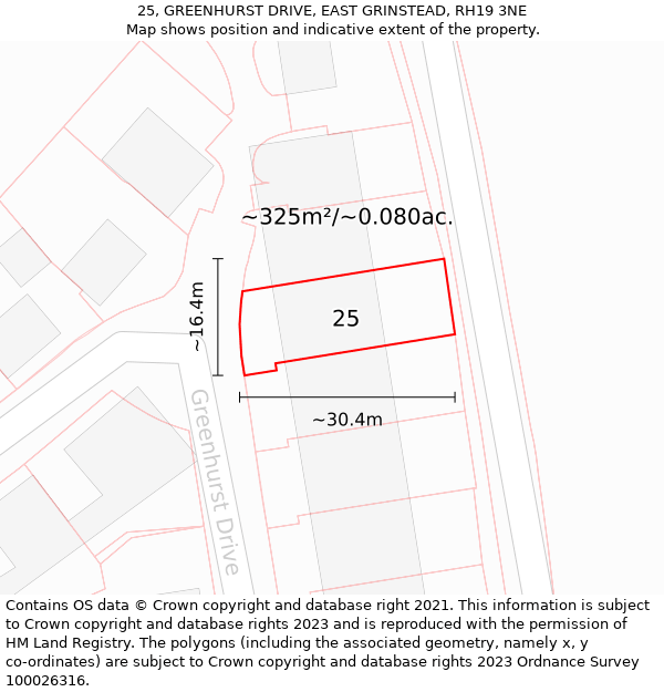 25, GREENHURST DRIVE, EAST GRINSTEAD, RH19 3NE: Plot and title map