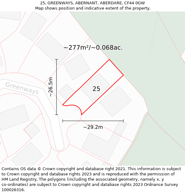 25, GREENWAYS, ABERNANT, ABERDARE, CF44 0GW: Plot and title map