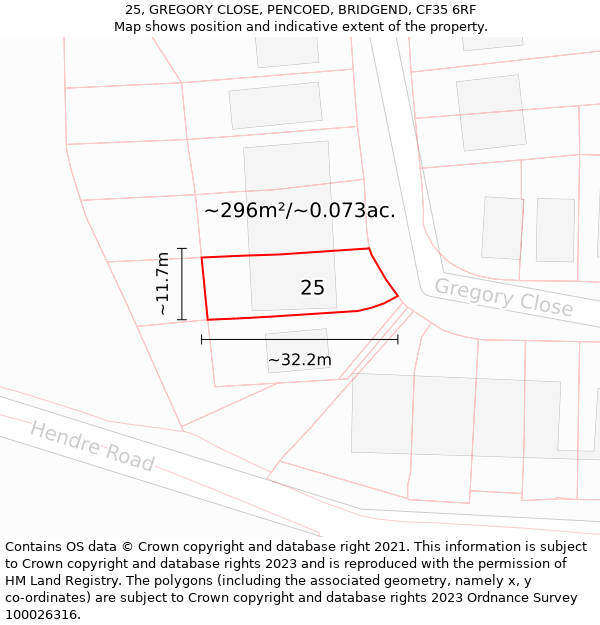 25, GREGORY CLOSE, PENCOED, BRIDGEND, CF35 6RF: Plot and title map