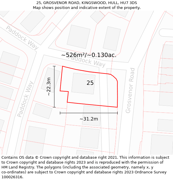 25, GROSVENOR ROAD, KINGSWOOD, HULL, HU7 3DS: Plot and title map
