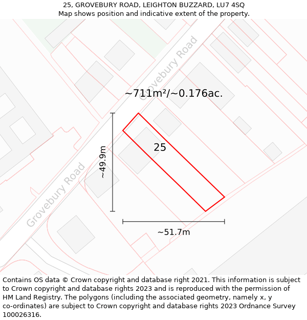 25, GROVEBURY ROAD, LEIGHTON BUZZARD, LU7 4SQ: Plot and title map