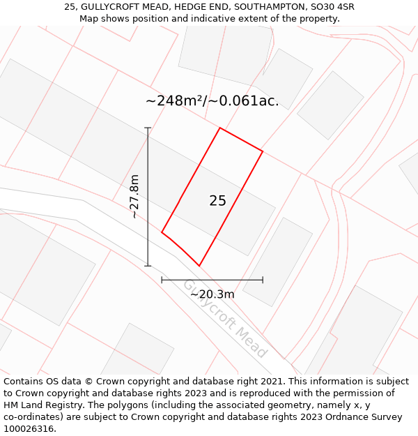 25, GULLYCROFT MEAD, HEDGE END, SOUTHAMPTON, SO30 4SR: Plot and title map