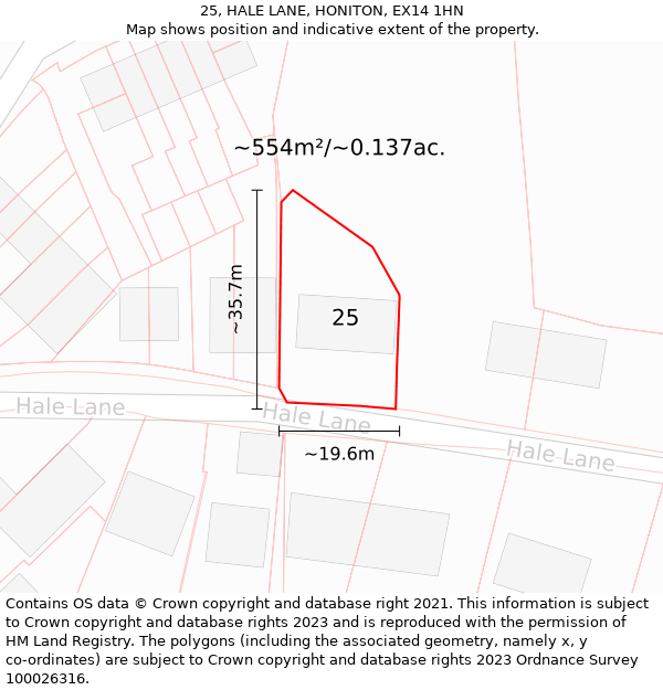 25, HALE LANE, HONITON, EX14 1HN: Plot and title map