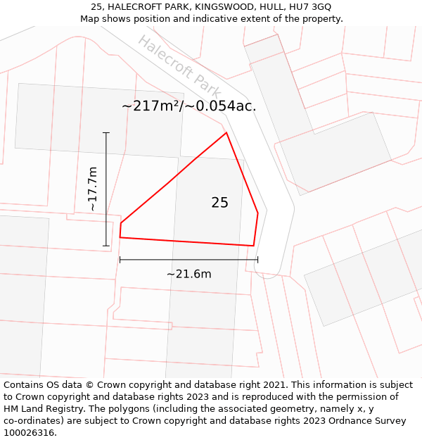 25, HALECROFT PARK, KINGSWOOD, HULL, HU7 3GQ: Plot and title map