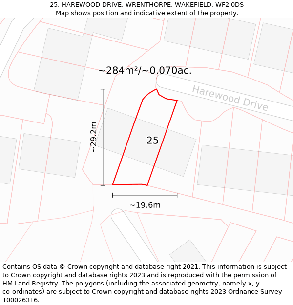 25, HAREWOOD DRIVE, WRENTHORPE, WAKEFIELD, WF2 0DS: Plot and title map