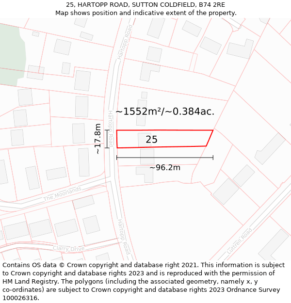 25, HARTOPP ROAD, SUTTON COLDFIELD, B74 2RE: Plot and title map