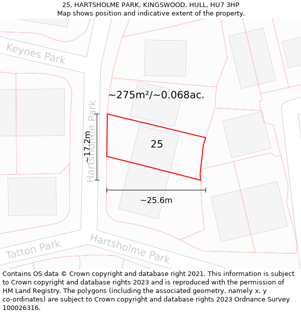 25, HARTSHOLME PARK, KINGSWOOD, HULL, HU7 3HP: Plot and title map