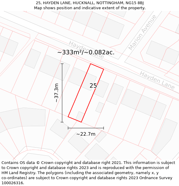 25, HAYDEN LANE, HUCKNALL, NOTTINGHAM, NG15 8BJ: Plot and title map